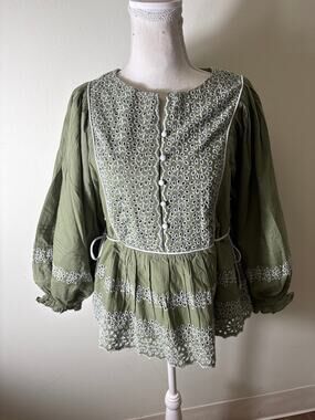 NWT Baybala Sage Green and White Eyelet Peasant Top Sz L